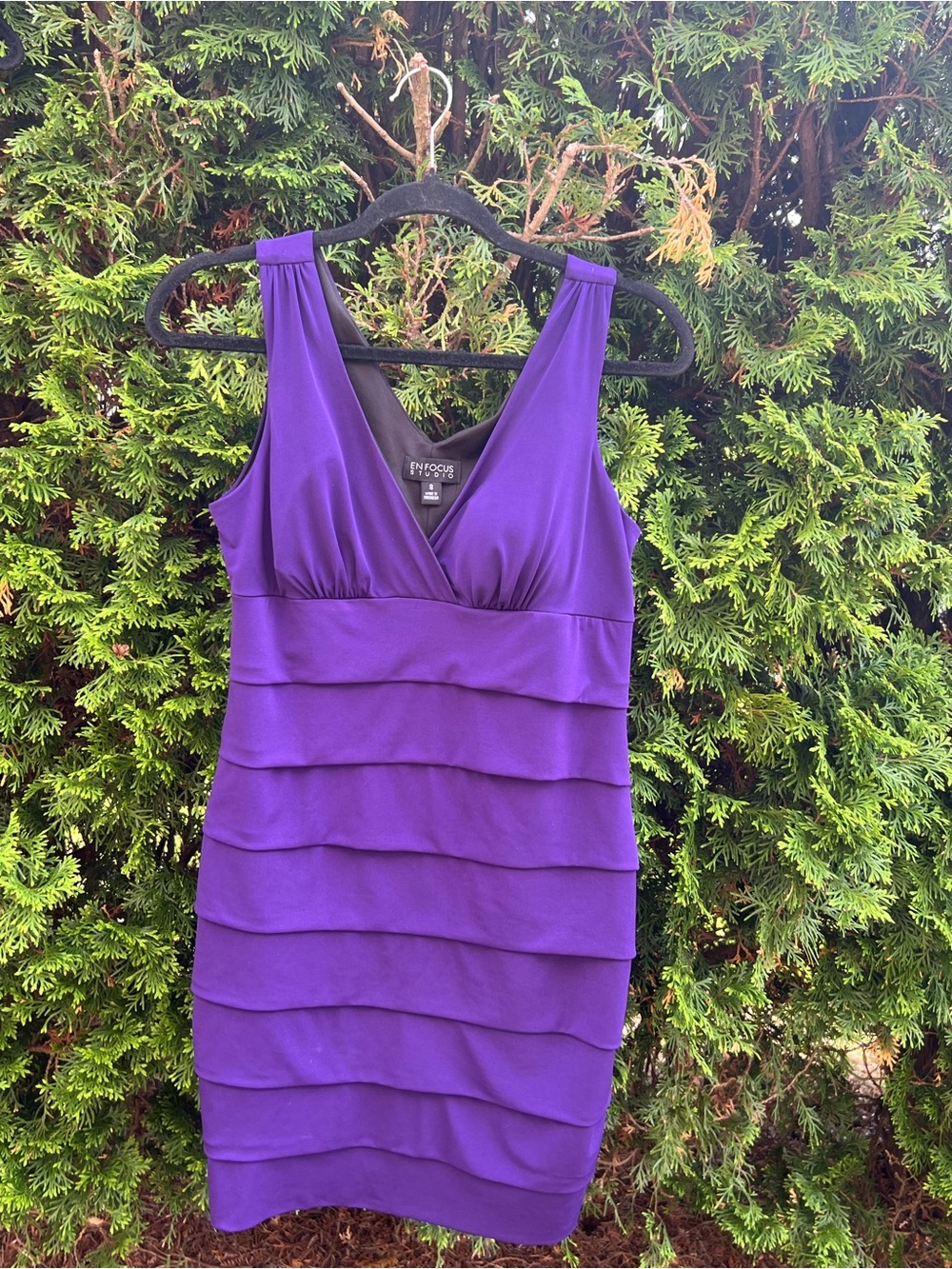 Enfocus Studio Bold Purple Tiered V-Neck Mini Dress